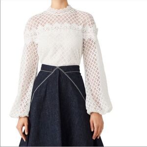 AMUR White Florence Lace Long Sleeve High Mock Neck Blouse